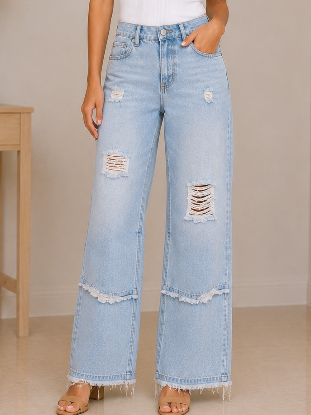 American Bazi Distressed Wide Leg Cropped Jeans Size S High Rise Raw Hem